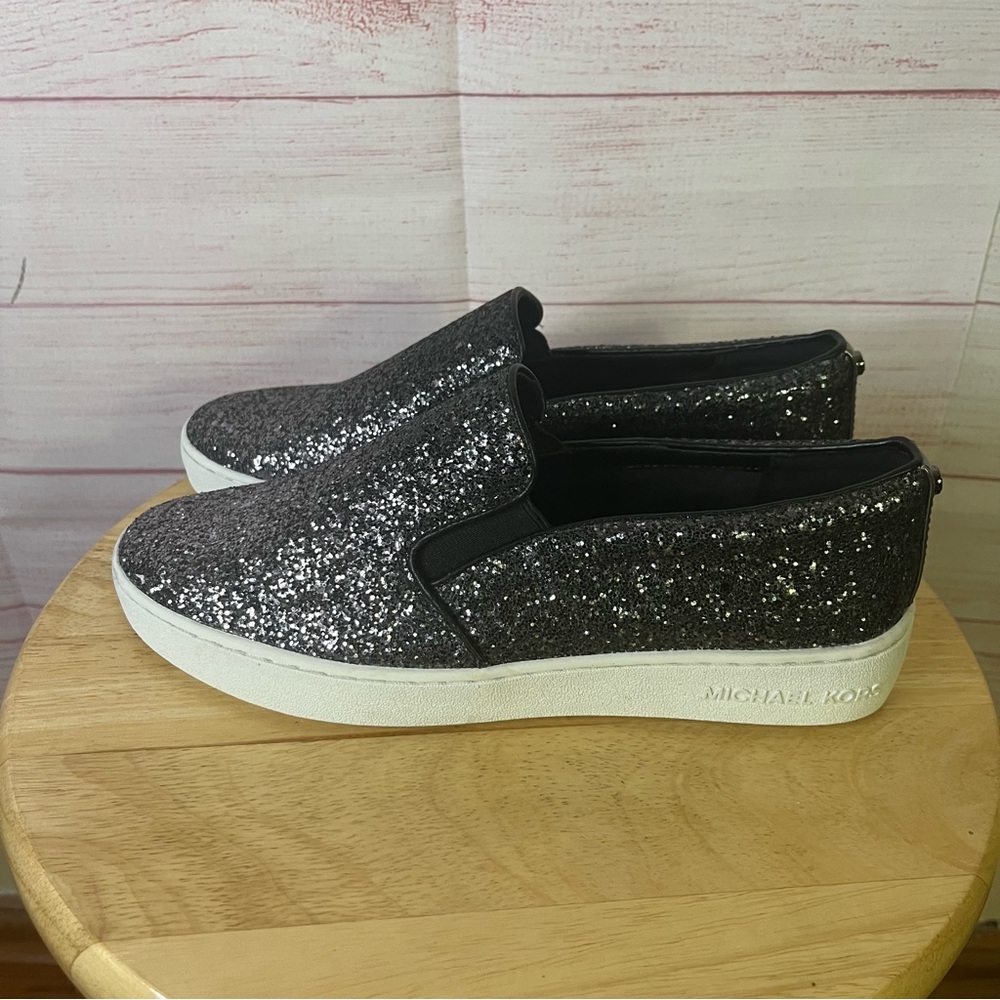 Michael Kors Keaton Black Silver Glitter Metallic Slip On Sneakers Size 7‎